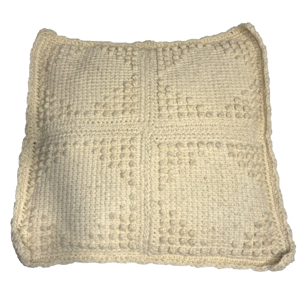 Vintage Handmade Crochet Bobble Pillow Cream Wool Yarn Square Cushion 12" Boho